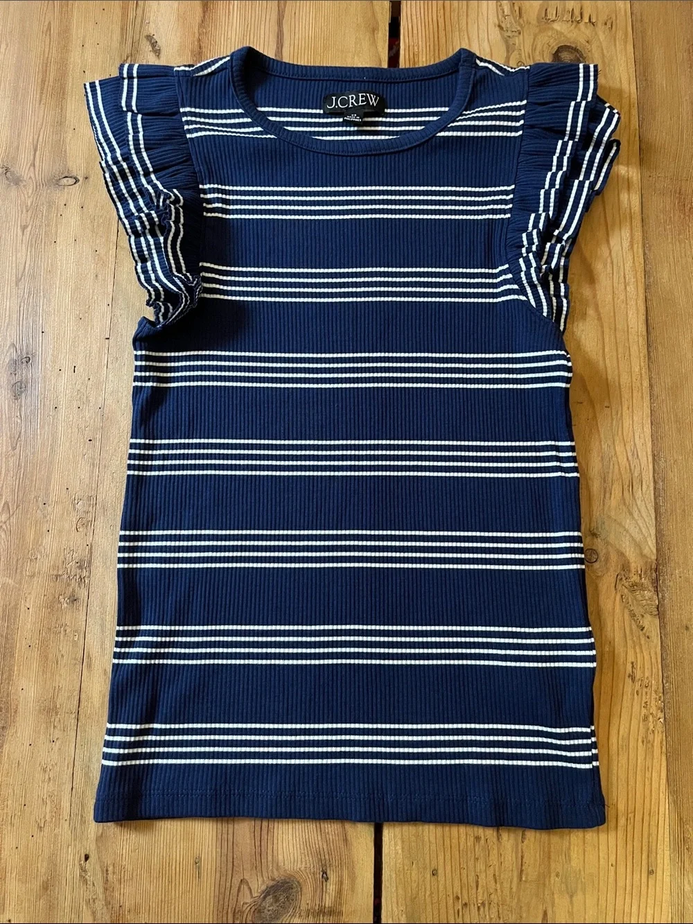 J CREW XS Navy Vintage Rib Ruffle-Sleeve Shirt in Stripe